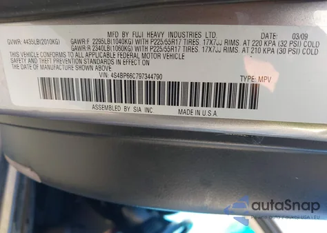 2009 Subaru Outback 2.5I Limited from USA, damaged, VIN 4S4BP66C797344790